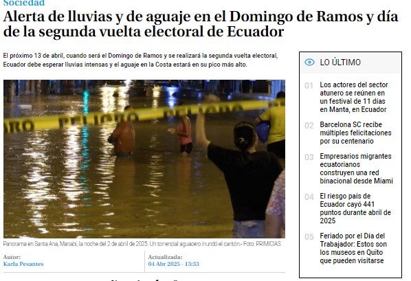 Alerta de lluvias y de aguaje en el domingo de ramos y día de la segunda vuelta electoral de Ecuador