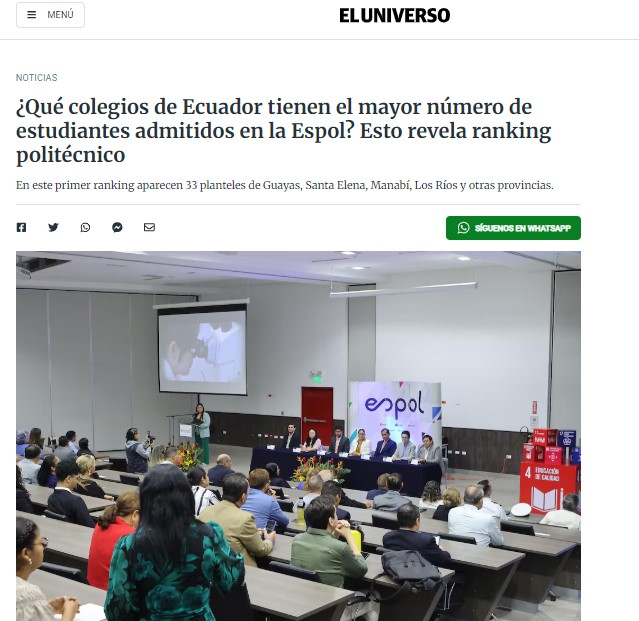 ¿QUÉ COLEGIOS DE ECUADOR TIENEN EL MAYOR NÚMERO DE ESTUDIANTES ADMITIDOS EN LA ESPOL?