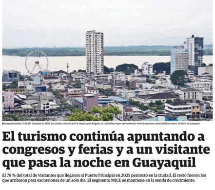 EL TURISMO CONTINÚA APUNTANDO A CONGRESOS Y FERIAS Y A UN VISITANTE QUE PASA LA NOCHE EN GUAYAQUIL