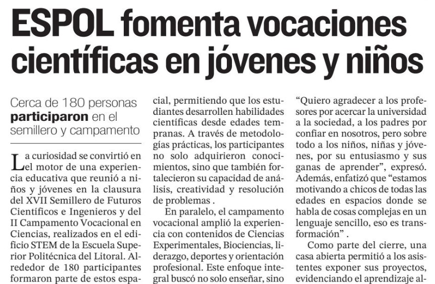 ESPOL FOMENTA VOCACIONES CIENTÍFICAS EN JÓVENES Y NIÑOS