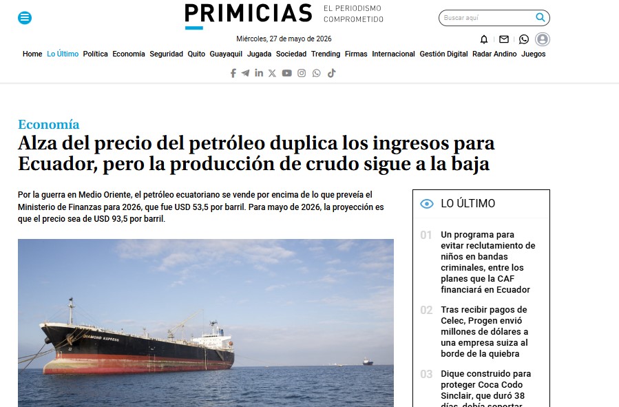 ALZA DEL PRECIO DEL PETRÓLEO DUPLICA LOS INGRESOS PARA ECUADOR, PERO LA PRODUCCIÓN DE CRUDO SIGUE A LA BAJA