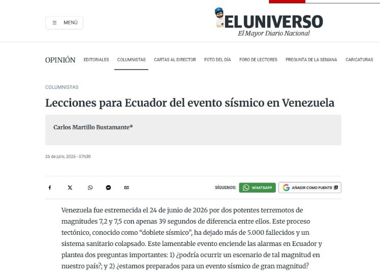 Lecciones para Ecuador del evento sísmico en Venezuela