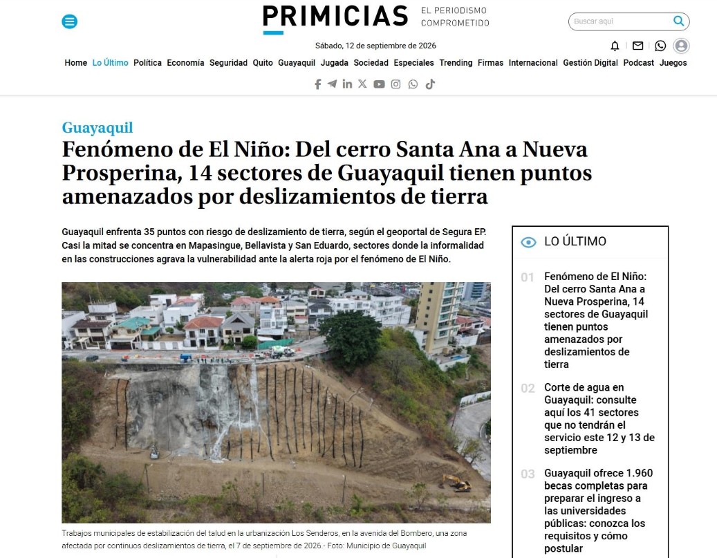 EL NIÑO: 14 SECTORES DE GUAYAQUIL TIENEN PUNTOS AMENAZADOS POR DESLIZAMIENTOS DE TIERRA