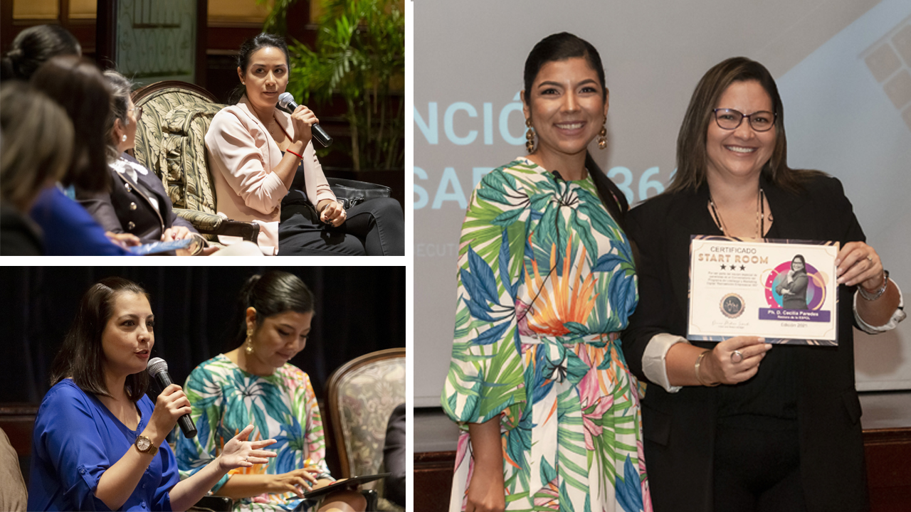 Rectora de ESPOL participa en conversatorio sobre Liderazgo junto a Marcelo Rojas, de Épico y Capacítate Ecuador; Lissette Arellano, CEO del coworking Comadres; Fernanda Miranda, de Red Down Internacional; Kathiuska Peralta, comunicadora y periodista; Patricia León, presidenta del Comité Paralímpico Ecuatoriano y Jorge Calderón, rector del Instituto Tecnológico Superior Argos. 