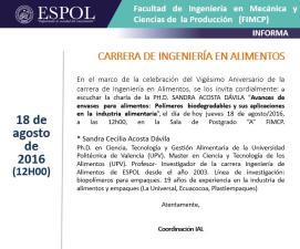 Charla: "Avances de envases para alimentos: Polímeros biodegradables y sus aplicaciones en la industria alimentaria"